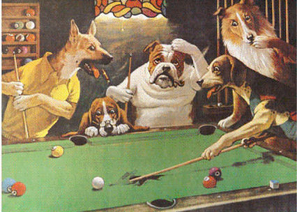 Dogs playing pool is een serie van posters die in veel biljartlocaties aan de wand hangt.
